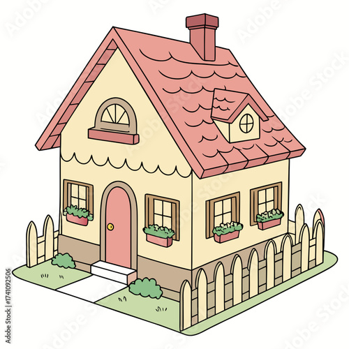 Cartoon yellow cottage with red roof and picket fence