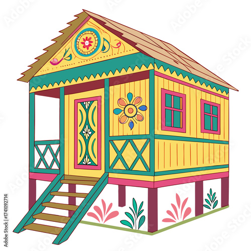 Colorful traditional stilt house with decorative elements