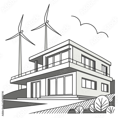 Contemporary villa with rooftop wind turbines and stylized trees