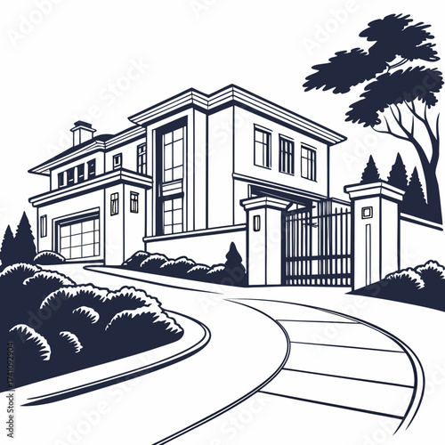 Dark blue vector illustration of a modern mansion with driveway