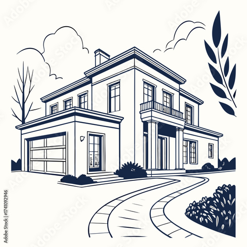 Dark blue line art mansion with driveway and trees