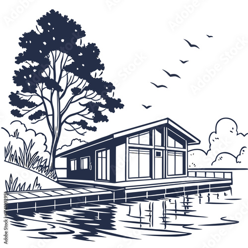 Dark blue vector illustration of a modern house on a lake with a pier