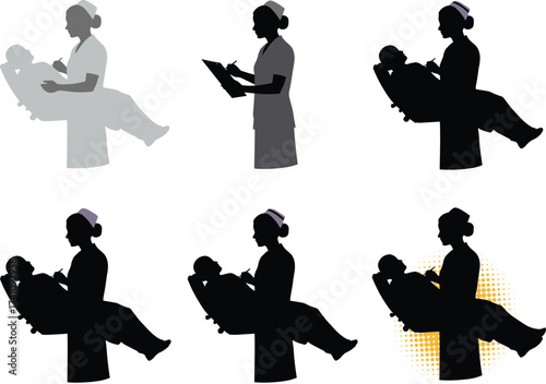 Nurse and child silhouette, medical care scene, pediatric interaction, healthcare illustration, compassion gesture, hospital posture, treatment moment, caregiver, clinic, support