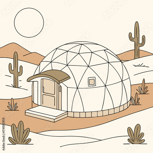 Desert dome house with cacti and sun vector illustration