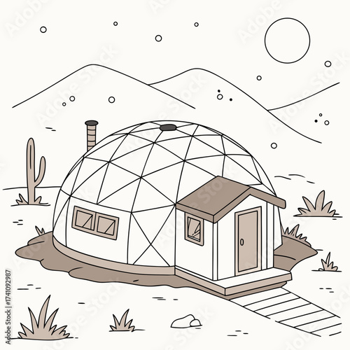 Desert dome house with cactus and mountains eco house