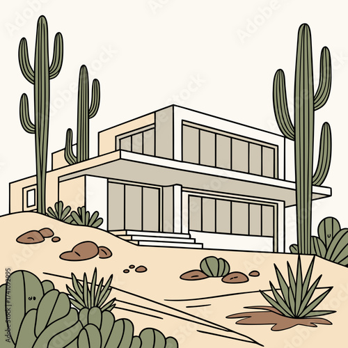 Desert villa with saguaro cacti and arid plants house