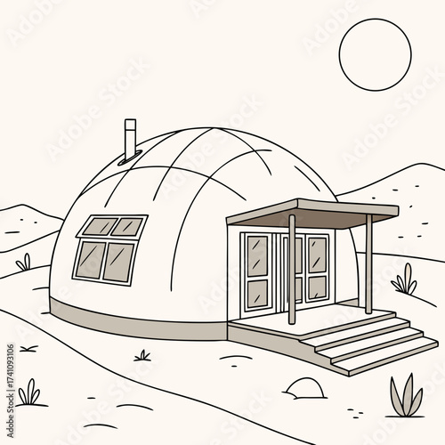 Dome shaped house with porch and steps in a desert landscape