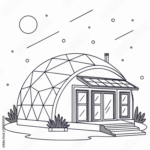 Dome shaped house with solar panels and chimney dome house