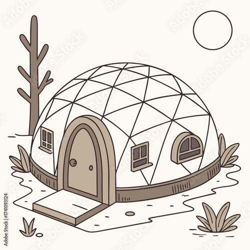 Dome shaped house with windows and door in desert landscape