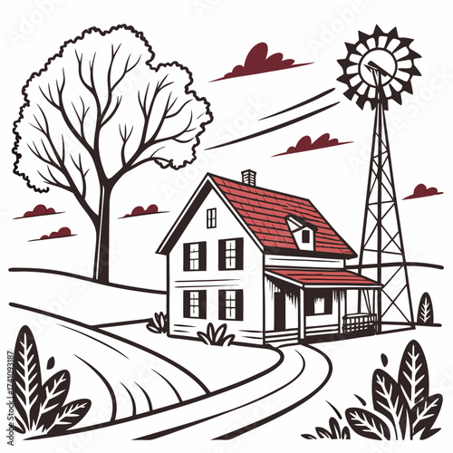 Farm house with windmill and tree vector graphic ranch