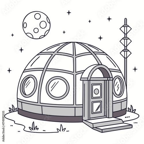 Futuristic dome house with moon and stars sci fi space