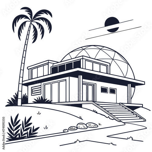 Futuristic dome villa with palm tree and abstract sun
