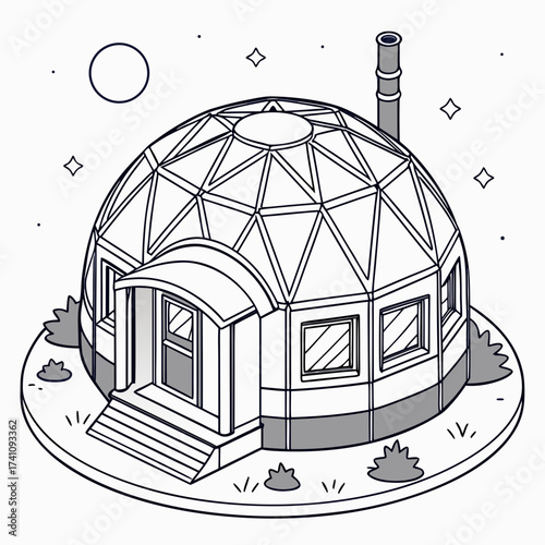 Futuristic geodesic dome house with chimney and starry sky