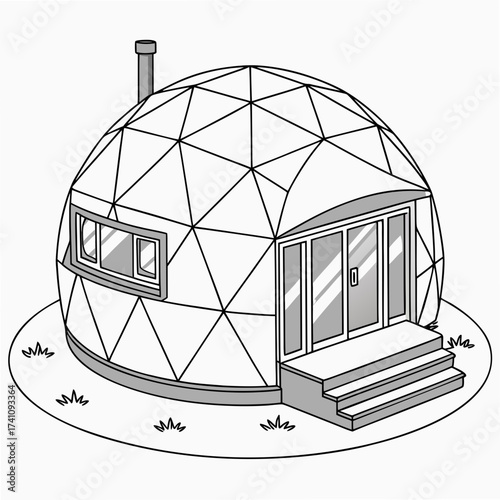 Futuristic geodesic dome house with chimney and windows