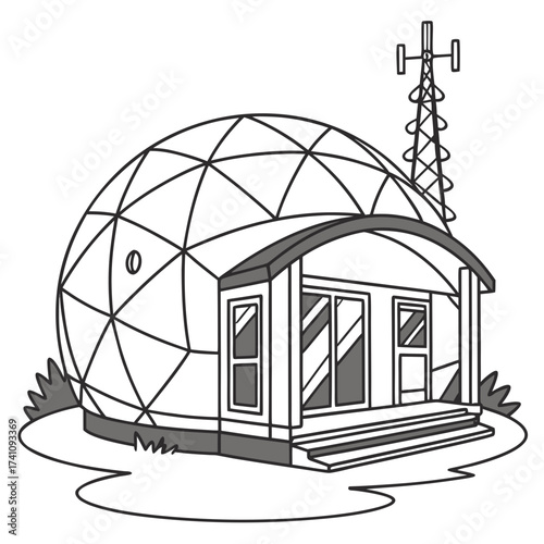 Futuristic geodesic dome house with antenna communication tower