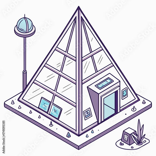Futuristic glass pyramid building with elevator and sci fi elements