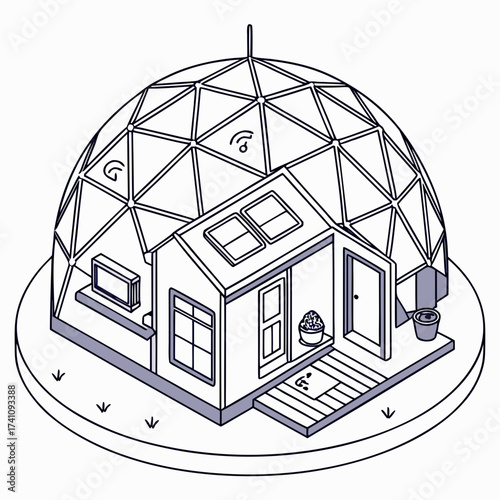 Futuristic geodesic dome house with smart technology icons