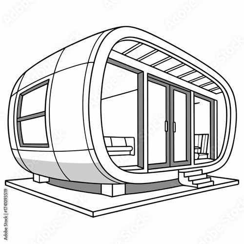 Futuristic pod house with furniture on white background