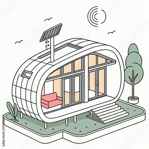 Futuristic pod house with solar panel and trees futuristic house