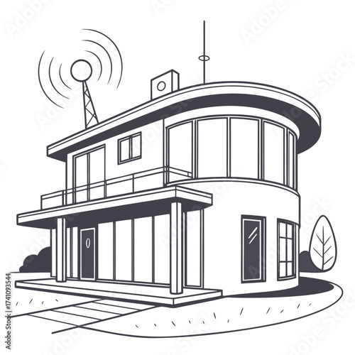 Futuristic round house with antenna and signal waves