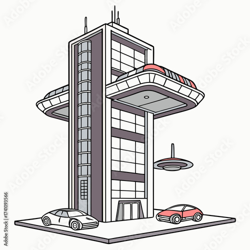 Futuristic skyscraper with flying saucer and cars futuristic building