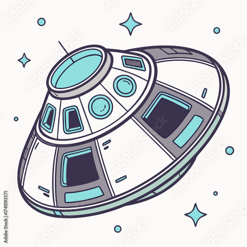 Futuristic spaceship pod with teal windows and stars