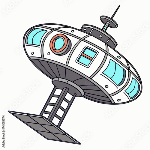 Futuristic spaceship pod with solar panel and antenna