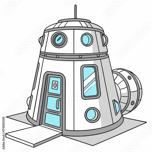 Futuristic white and gray spaceship pod with blue windows