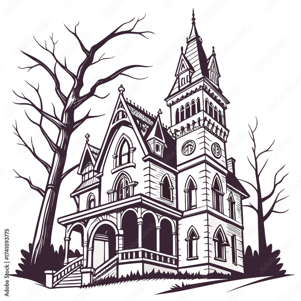 Fototapeta premium Gothic style house vector with bare trees gothic house