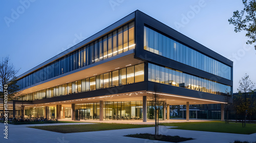 Experience the sleek, illuminated modern corporate office building at twilight, showcasing impressive glass architecture for a professional business environment.