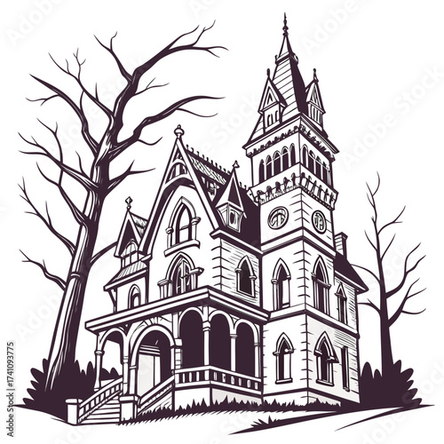 Gothic style house vector with bare trees gothic house