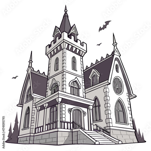 Gothic style house with pointed towers and bats gothic house