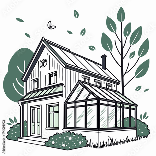 House with glass rooftop greenhouse and garden home