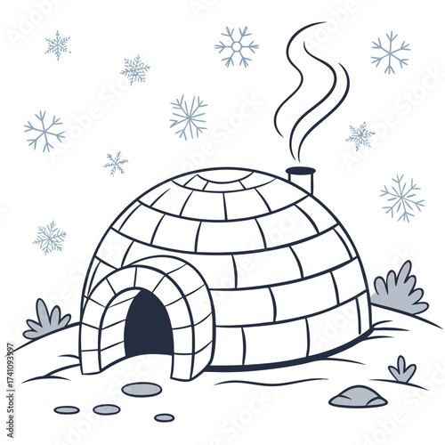 Igloo house with chimney and snowflakes vector illustration