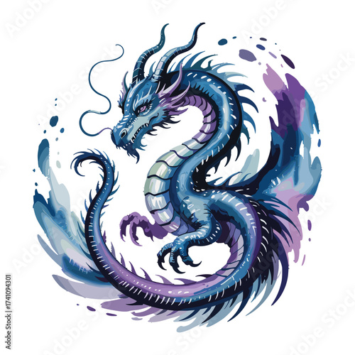 Powerful fantasy Asian dragon with watercolor splashes illustration. Mythological creature T-shirt Design. Water element mythical beast.