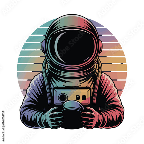 Astronaut holding helmet exploring outer space, front facing pose with horizontal lines representing sunset or planet rings. Ideal for merchandise, sticker, T-shirt Design.