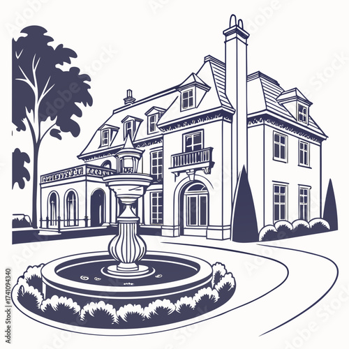 Mansion with fountain and tree vector illustration