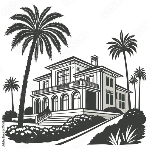 Mansion with palm trees and manicured garden villa