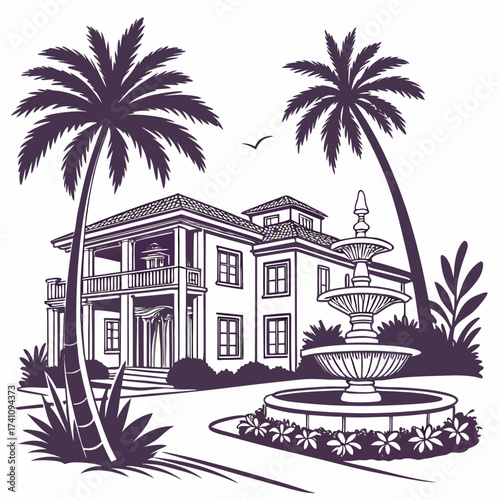 Mansion with palm trees and fountain vector illustration