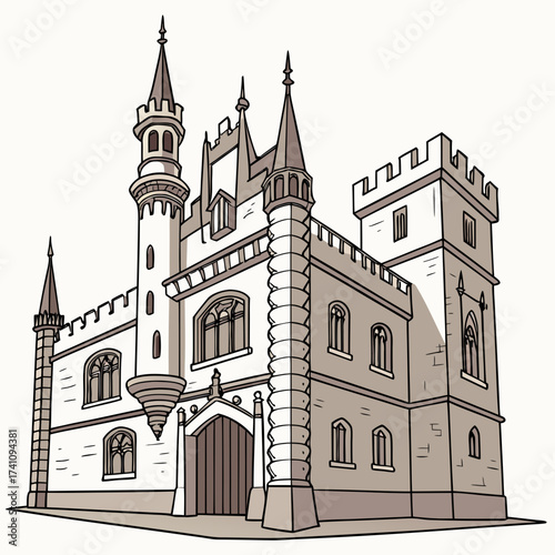 Medieval castle building with towers and arched windows vector