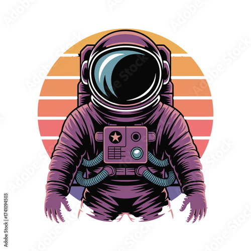 Astronaut in purple space suit with detailed gear, standing against a sunset stripe background, space explorer, T-shirt Design.