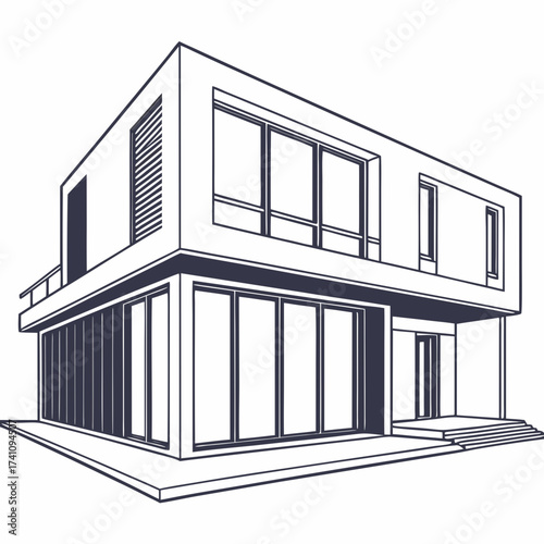 Minimalist dark blue line art of a modern box villa