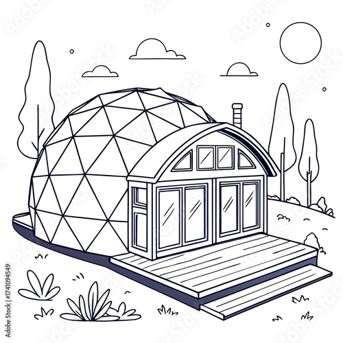 Minimalist geodesic dome house with deck and trees