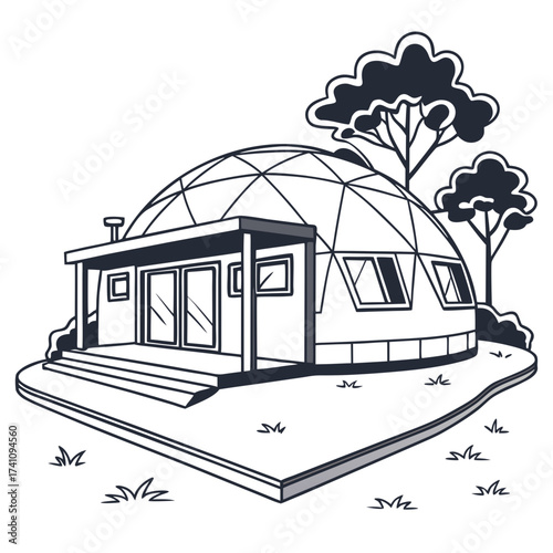Minimalist geodesic dome house with trees eco home