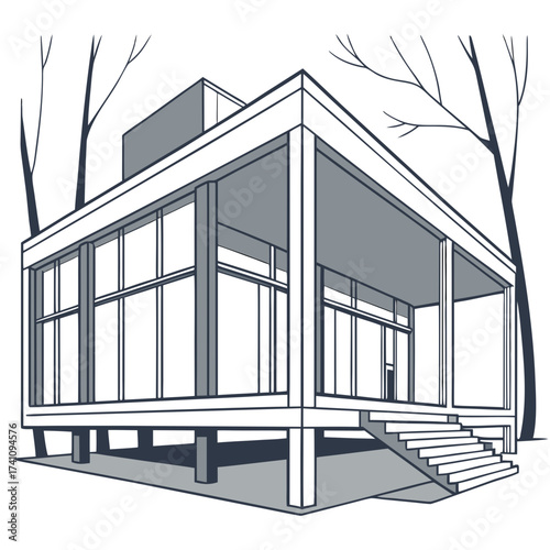 Minimalist glass and steel house on stilts vector architecture