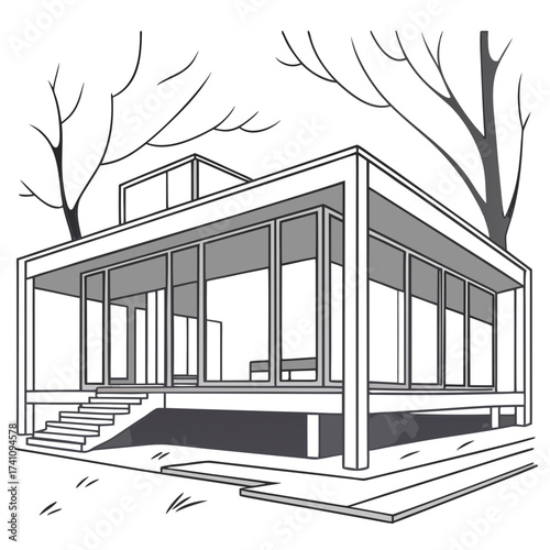 Minimalist glass box house with bare trees architecture