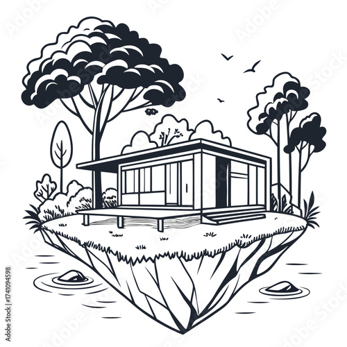 Minimalist house on floating island with trees and water