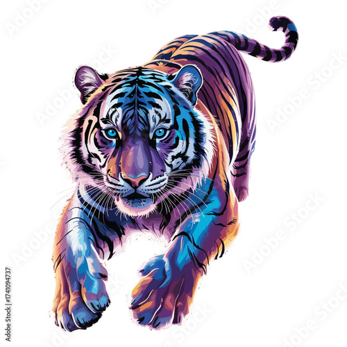 Bengal tiger T-shirt design. Fierce animal with stripes. Wild predatory cat. Intense blue eyes. Crouching pose. Vivid neon colors. Isolated white background.
