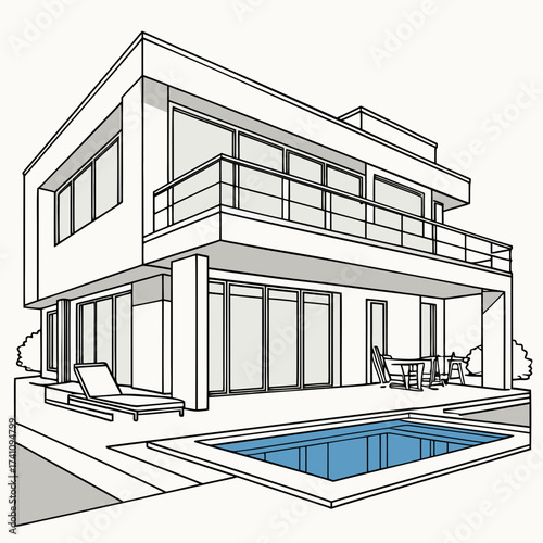 Modern duplex villa with rooftop pool and patio furniture