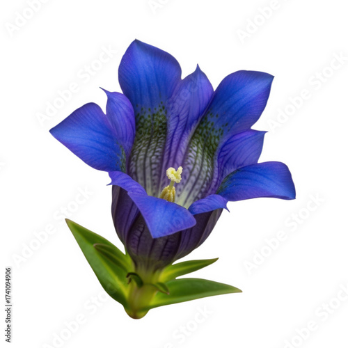 Rare gentian bloom in deep sapphire blue, trumpet-shaped petals with fine venation, alpine meadow setting